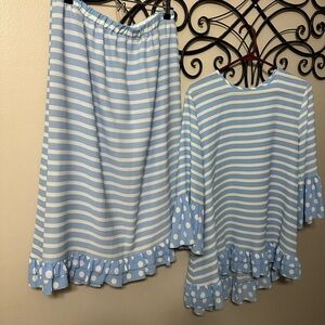 Striped Blue and White Skirt Set with Ruffle Details